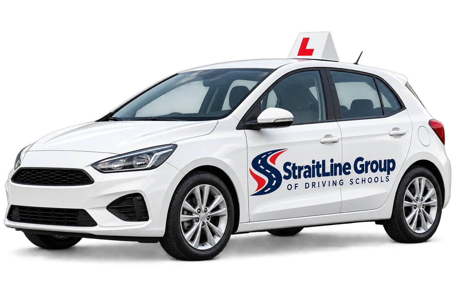 Learner car displaying the StraitLine Group logo; promotional artwork